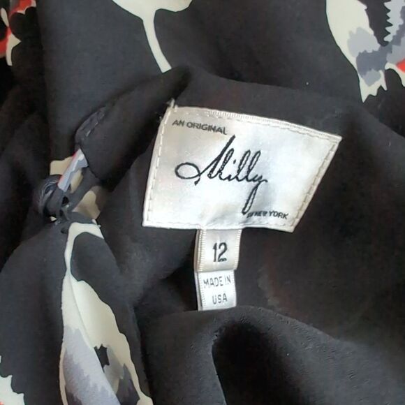 MILLY New York  💯 Silk Merlot Poppy Print Clemie Tie  Dress Size 12 Large - Picture 12 of 15